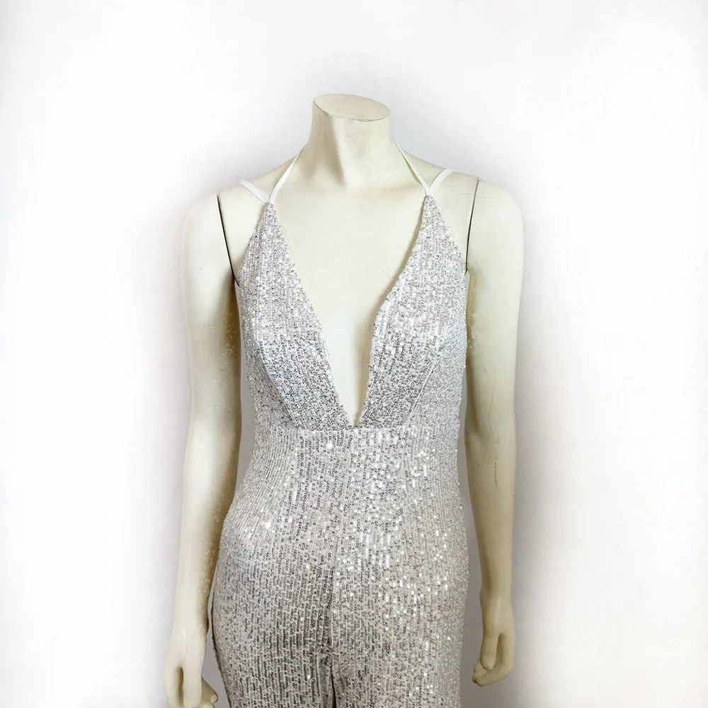 Fashion Nova Party Girl Silver Sequins Jumpsuit Size XS